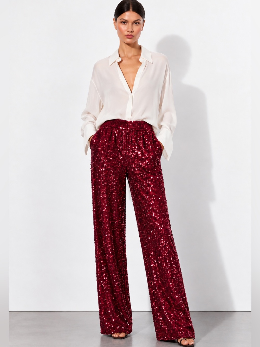 NWT Vince Camuto Sequin Flare Leg Pants Dark Wine Burgundy Sz XL